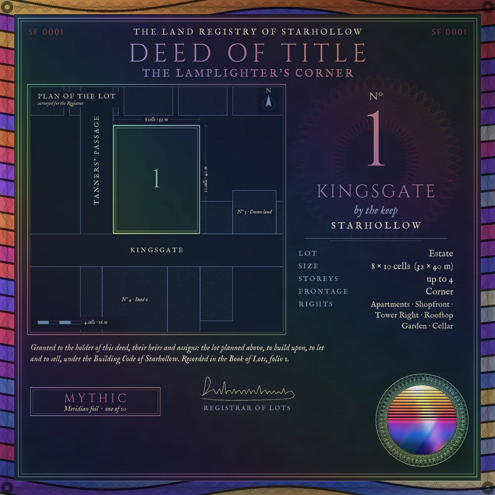 Deed of title Nº 1: 1 Kingsgate, Starhollow, the Lamplighter's Corner. Mythic, Meridian foil.