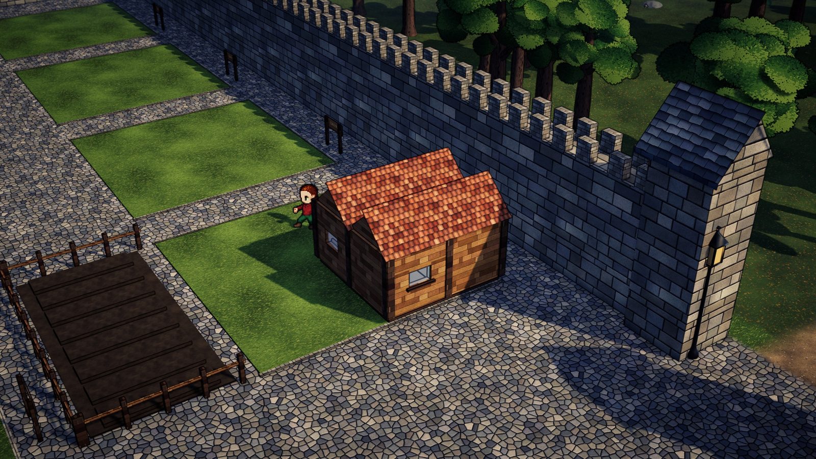 A timber house with a tiled roof on its own plot under the city wall, a tilled yard beside it