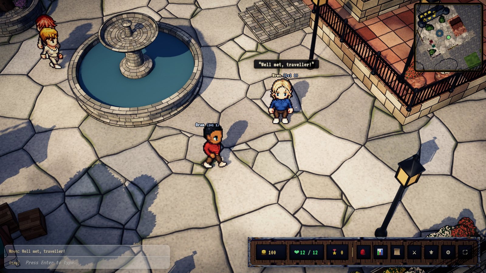 Two players talking by the fountain